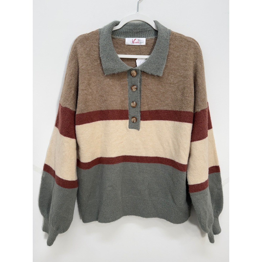 Krush Polo Sweater Medium Striped Colorblock Knit Long Sleeve Casual